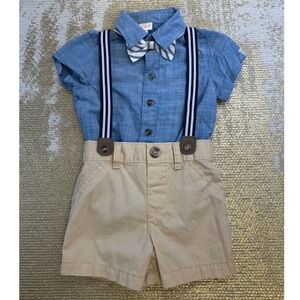 CAT & JACK Baby Boys Chambray Blue/Khaki Suspender Bow Tie Shorts Outfit 18M